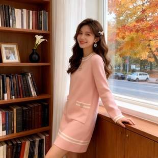 韩国时尚气质毛衣裙女秋冬小个子宽松遮肚子显瘦小香风针织连衣裙