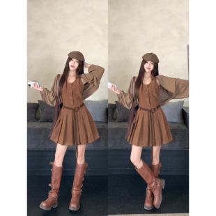 大码 针织开衫 复古显瘦无袖 蝙蝠袖 POLO领背心皮绒百褶连衣裙 新品