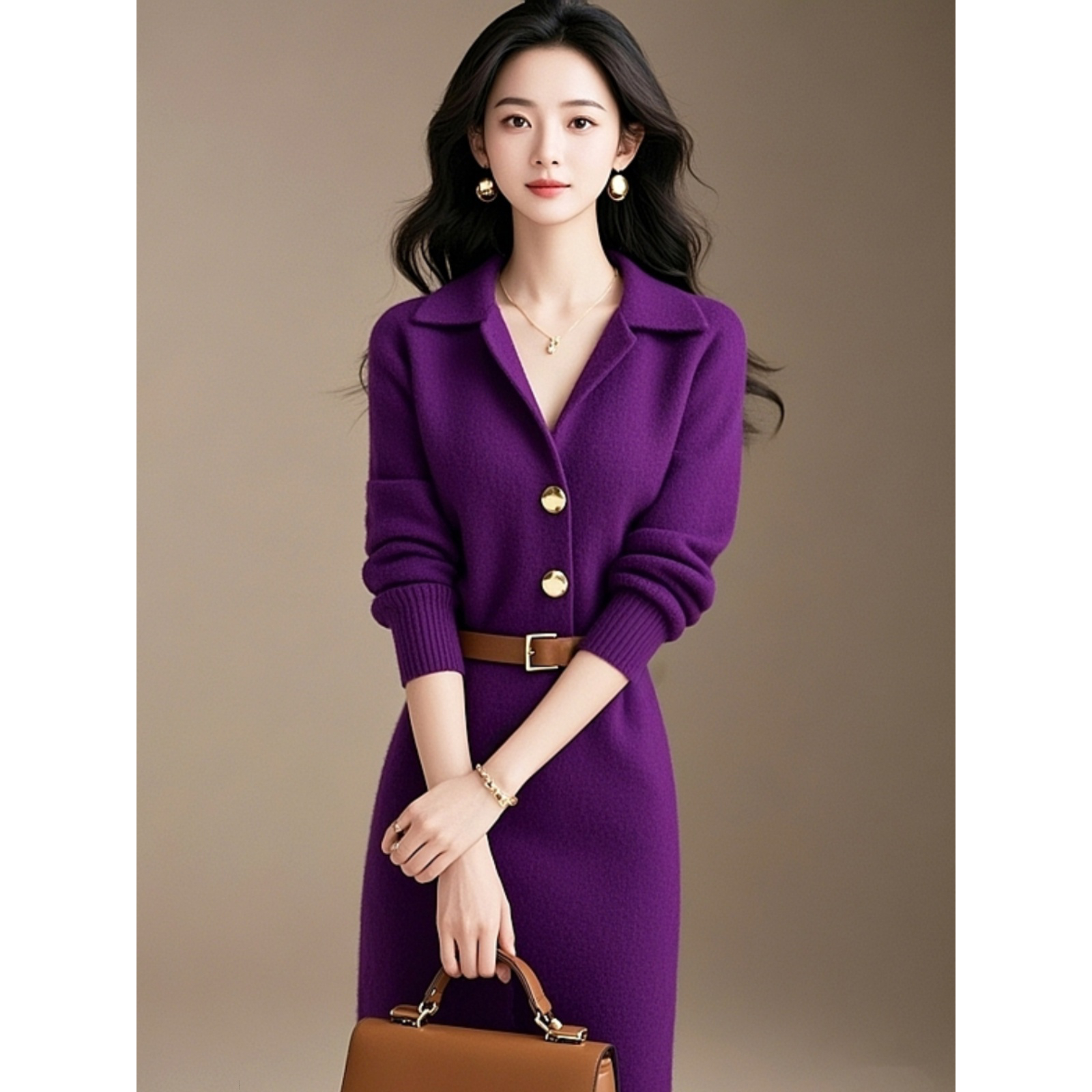 法式气质高级感厅里厅气端庄大气小香风内搭紫色针织连衣裙女冬装