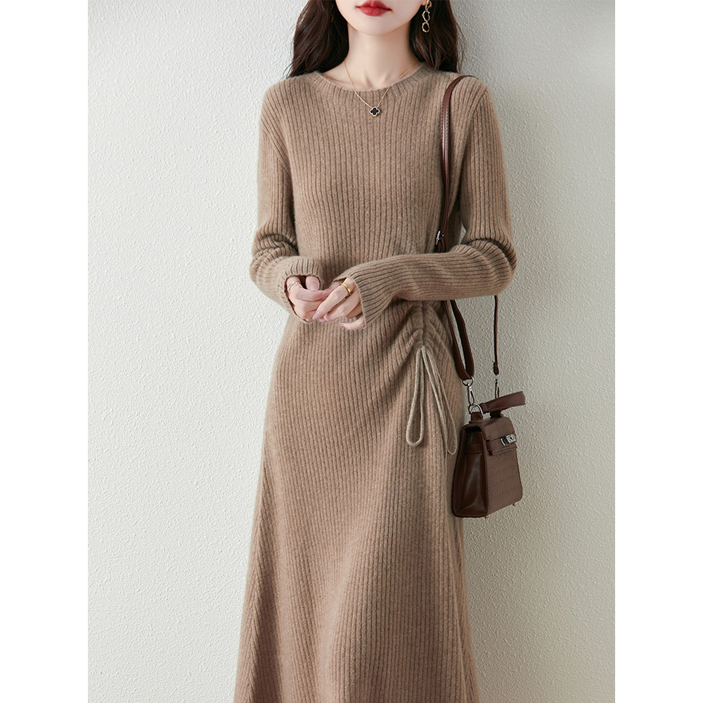 韩国气质柔软系带绑带抽绳针织毛衣连衣裙女秋冬内搭打底过膝长裙