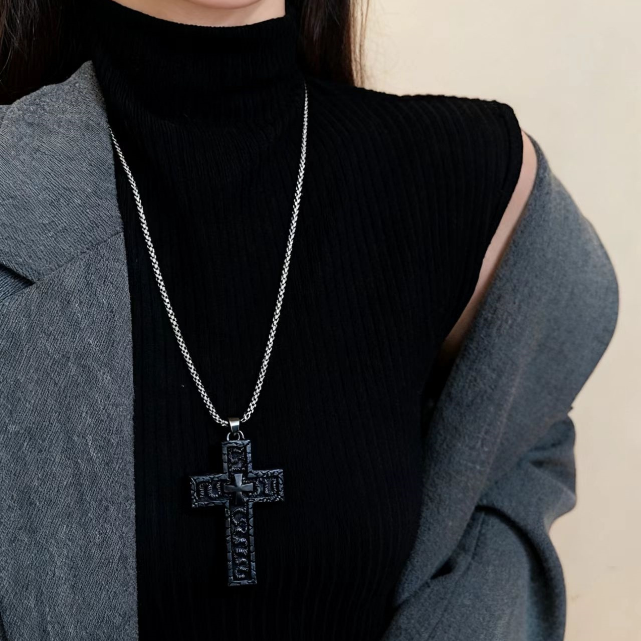 复古可打开黑色双层十字架项链