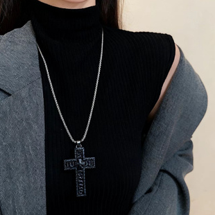 复古可打开黑色双层十字架蛇形项链男欧美创意时尚礼物毛衣链吊坠