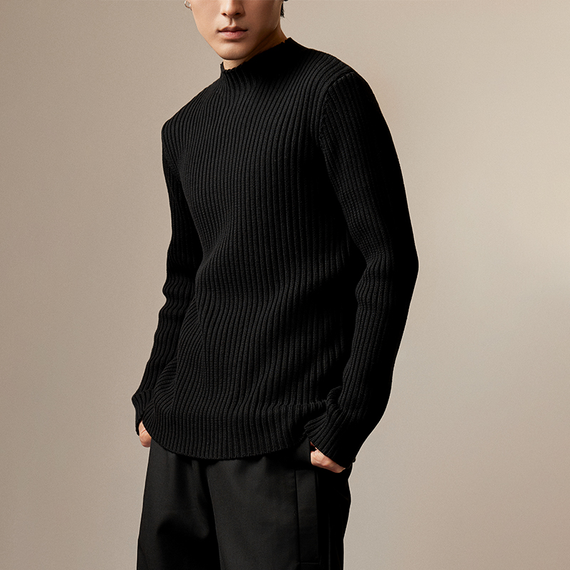 三木公白复古半高领毛衣男