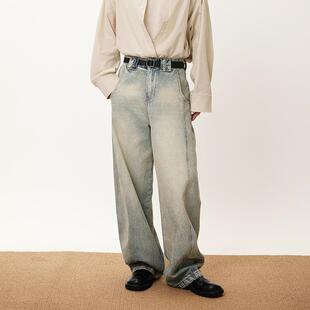 三木公白 复古水洗做旧牛仔裤男直筒廓形 宽松垂坠阔腿裤高级感潮
