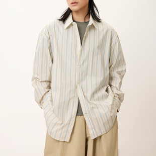 三木公白 复古竖条纹衬衫男高级感 宽松休闲百搭衬衣外套文艺感