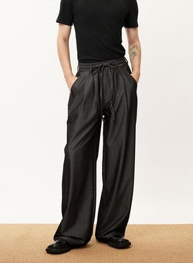 三木公白 垂感复古抽绳西裤男高级感宽松直筒 垂感光泽双褶阔腿裤