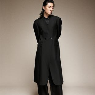 外套男慵性高级感 西装 慵懒气质垂感大衣潮 简约无领长款 三木公白