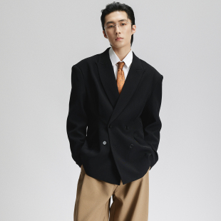 收腰 高级感立裁简约西装 三木公白 复古捏褶休闲西服男双排扣宽松