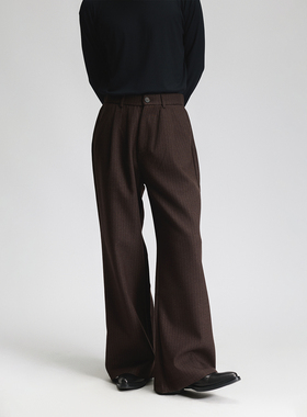 三木公白 微喇复古条纹休闲西裤男宽松高级感 立体打褶阔腿裤柔软