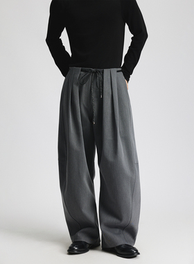 三木公白 复古休闲西裤男宽松高级感 立体打褶阔腿直筒裤灰色廓形