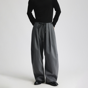 立体打褶阔腿直筒裤 男宽松高级感 灰色廓形 复古休闲西裤 三木公白