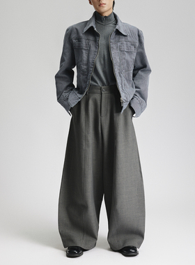 三木公白 小众设计弯刀廓形休闲裤男 宽松直筒阔腿西裤垂感百搭