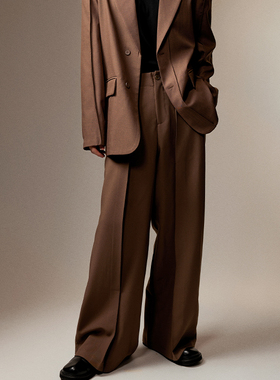 三木公白 小众设计压褶西装裤子男垂感高级 复古宽松直筒阔腿裤潮