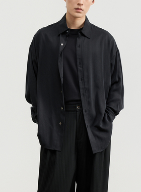 三木公白 简约纯净长袖衬衫男垂感宽松 高级感黑色禁欲系衬衣外套