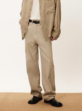 三木公白 日系复古做旧休闲裤男高腰 宽松直筒仿牛仔长裤文艺潮