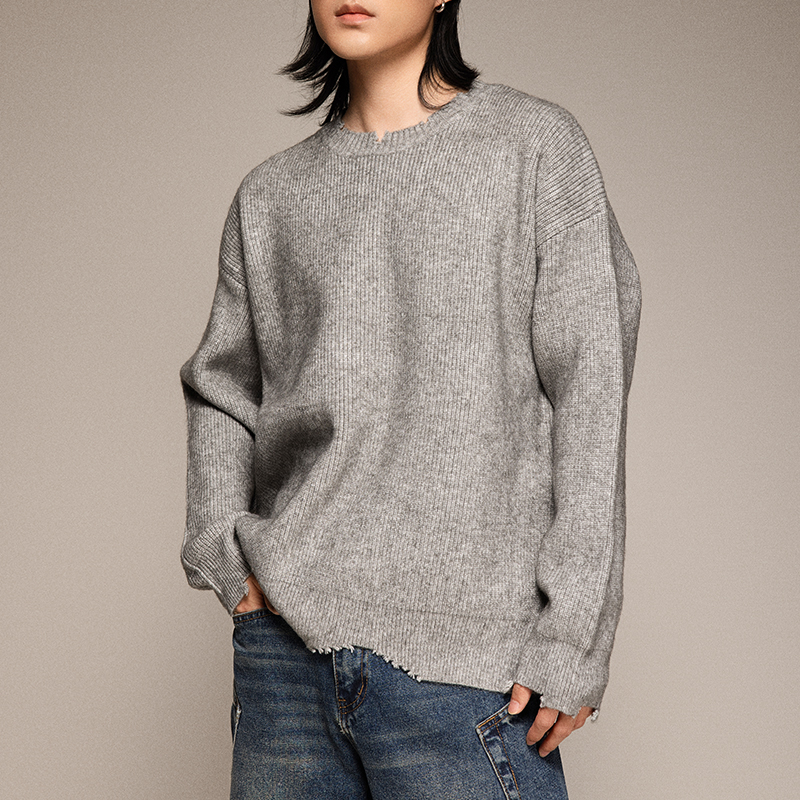 三木公白复古破坏感圆领毛衣