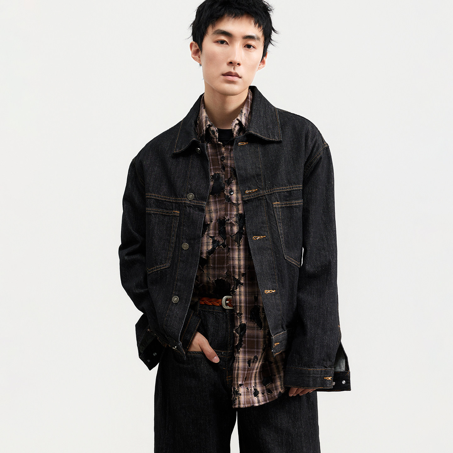 三木公白 短款复古原色牛仔外套男宽松 工装辑明线夹克简约精致潮,男装,牛仔外套,淘宝优惠券,粉丝福利购,淘宝优惠卷