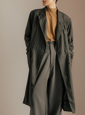 丑时三刻 灰色条纹西装大衣高级感男宽松 简约韩式chic风衣外套