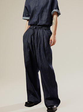 三木公白 日系复古休闲牛仔裤男宽松阔腿 高级感垂感抽绳直筒裤潮