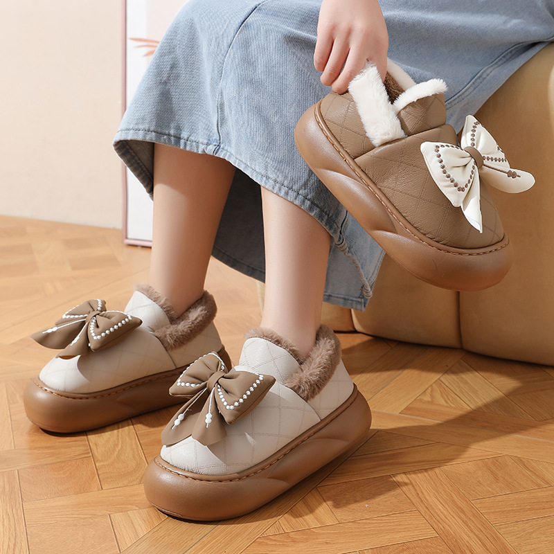 冬季时尚蝴蝶结棉鞋女居家用室内防滑厚底包跟棉拖女加厚保暖户外