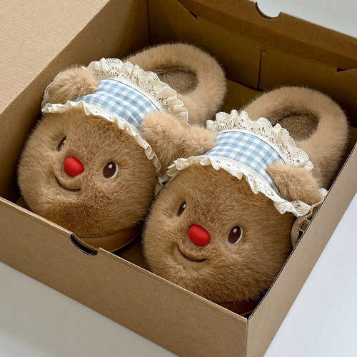 踩屎感棉拖鞋女款可爱小熊秋冬季家居毛绒保暖厚底学生棉拖女外穿