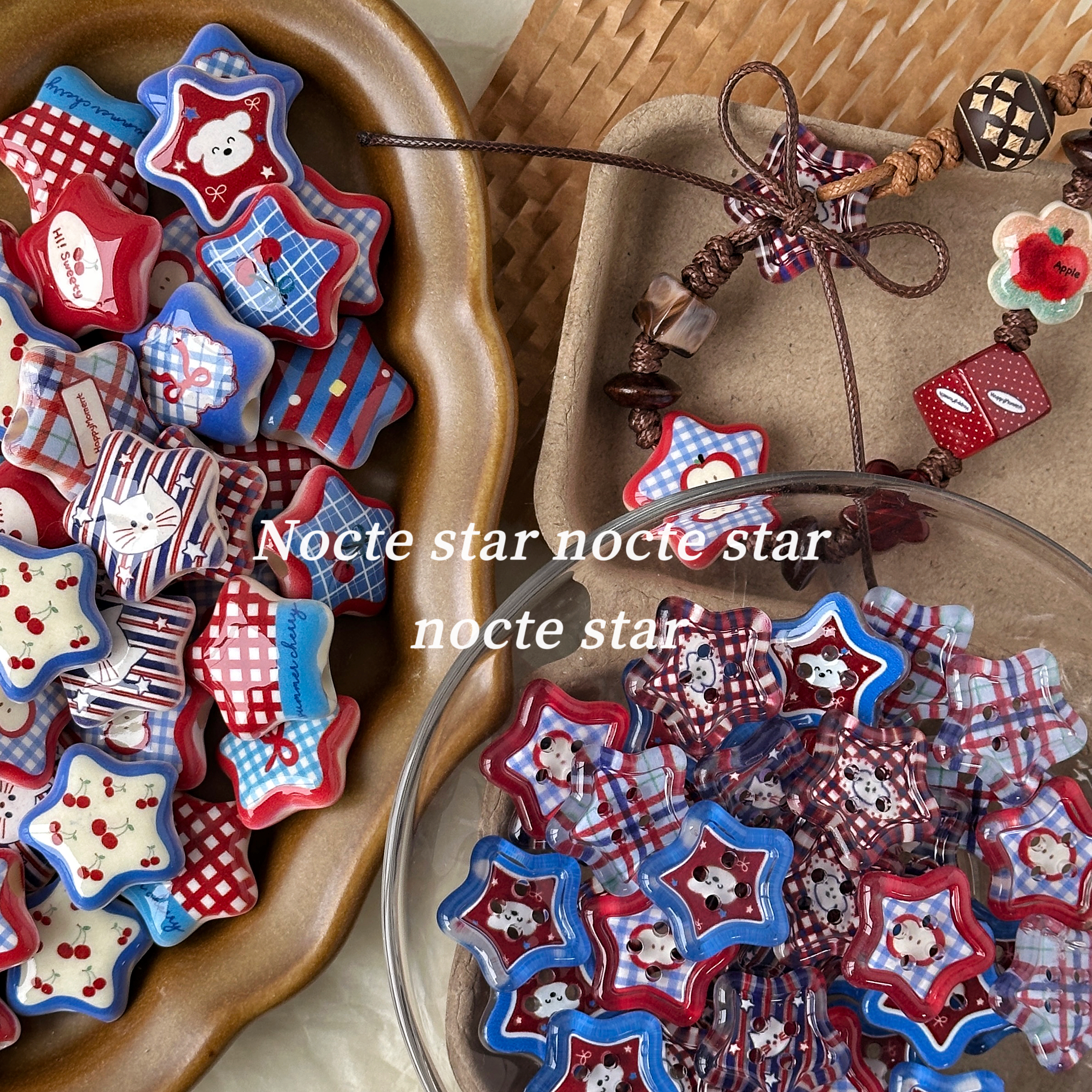 亚克力印刷红蓝星星纽扣珠子 diy手工串珠手链项链手机链配饰散珠