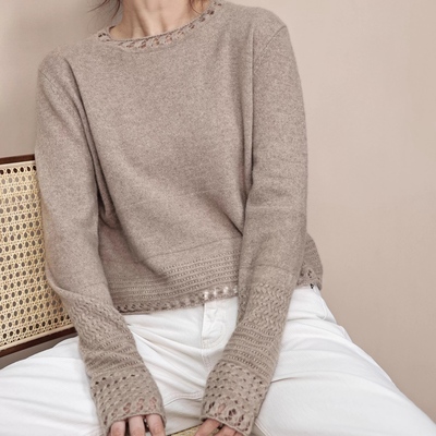 新款镂空勾花100纯山羊绒衫女圆领休闲百搭秋冬挑洞高级感针织衫