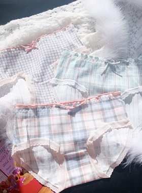 甜欲：19.9三条包邮！韩系少女简约格子蕾丝边纯棉舒适中腰内裤
