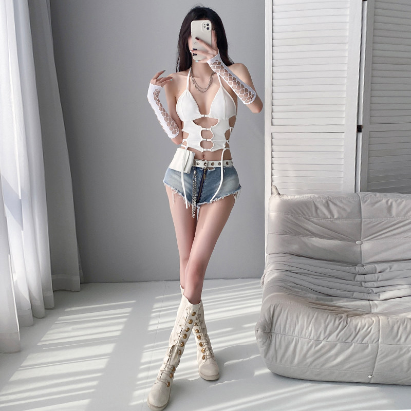 新款酒吧DS演出服女DJ性感chic辣妹gogo白色镂空吊带背心爵士套装
