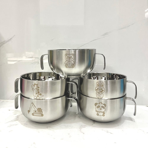 304不锈钢儿童双耳碗带柄双层隔热防烫防摔卡通带把手宝宝辅食碗