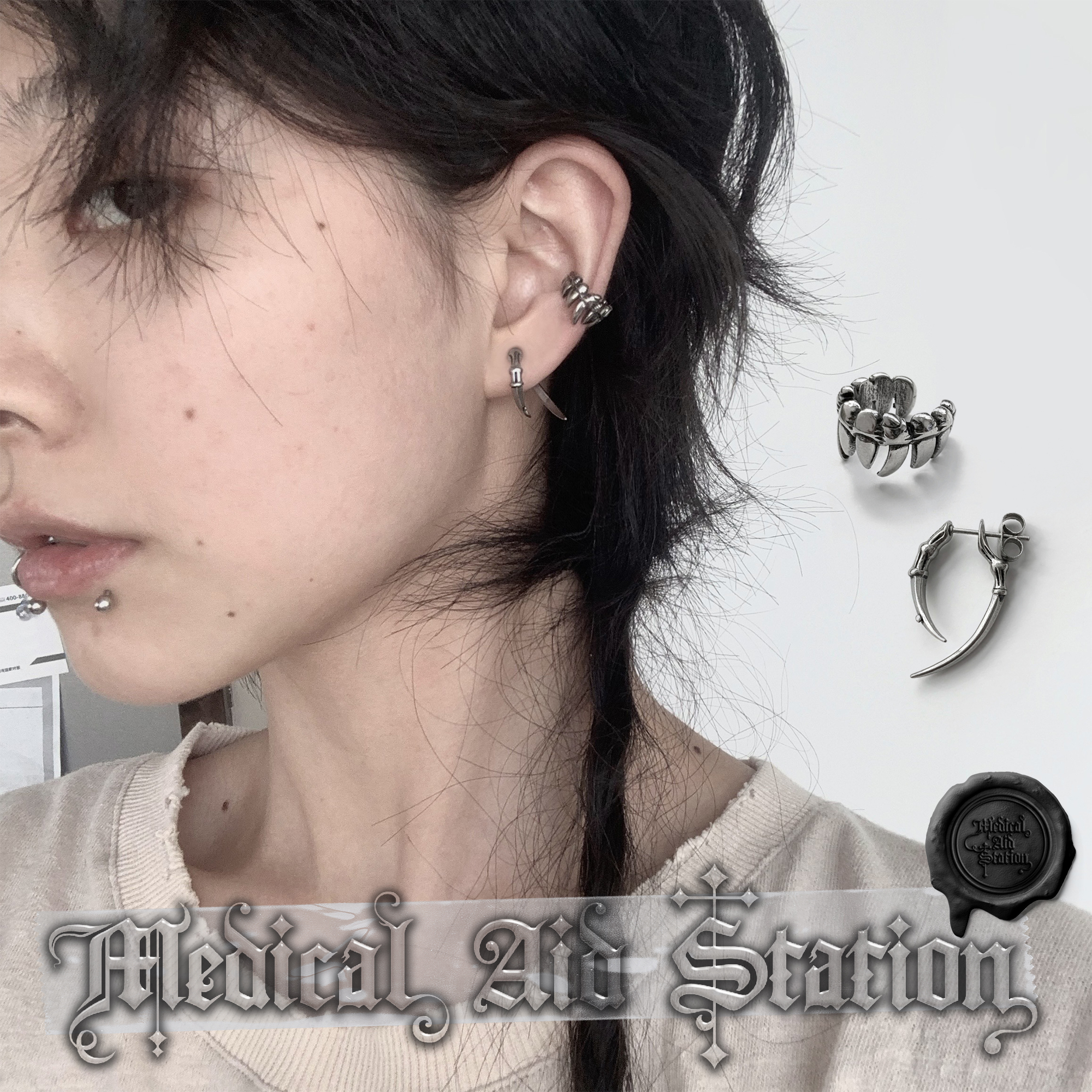 钛钢爪牙耳夹耳钉朋克防过敏铆钉