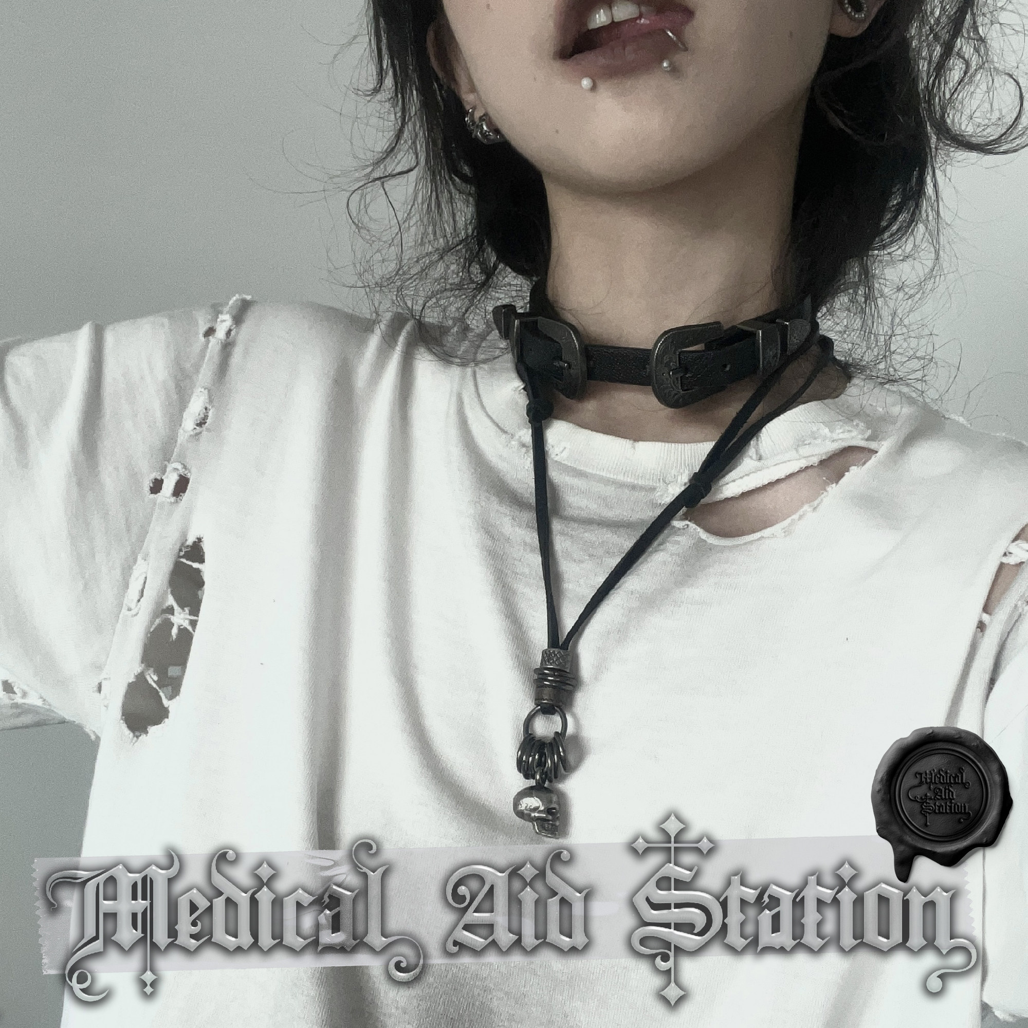 做旧骷髅真皮朋克哥特可调节项链