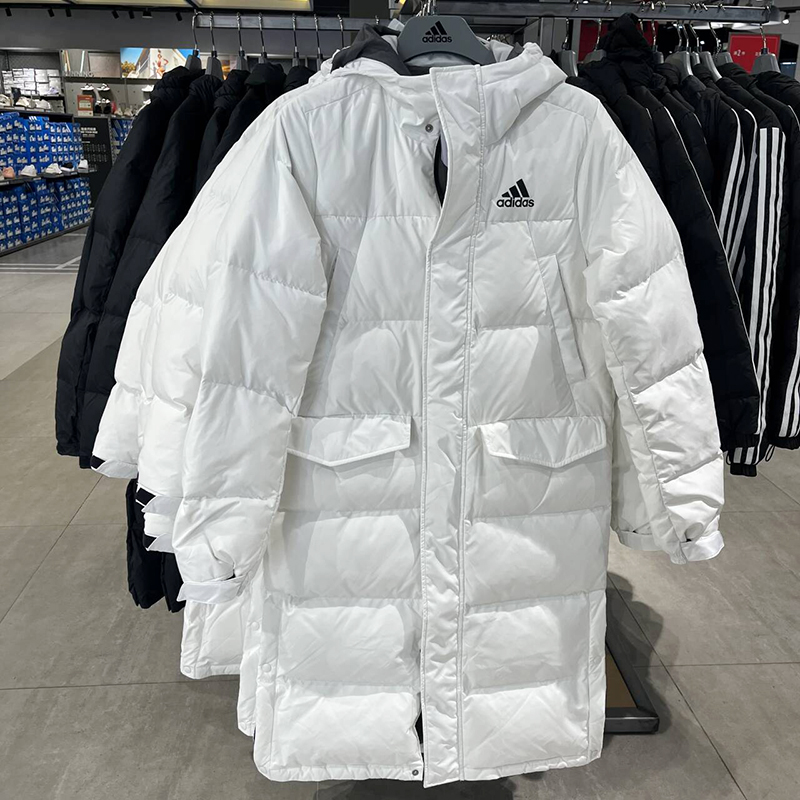 正品Adidas/阿迪达斯冬季男子户外休闲保暖连帽长款羽绒服GK0665