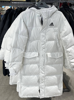正品Adidas/阿迪达斯冬季男子户外休闲保暖连帽长款羽绒服GK0665