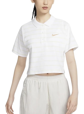 耐克女子条纹T恤POLO衫翻领针织透气运动休闲短袖HM4649-010-100