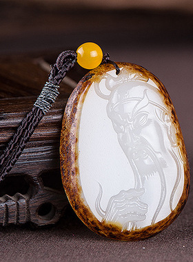 天然阿富汗玉关公吊坠羊脂白带红皮籽料武财神挂件男女款玉石项链