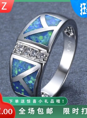 新款跨境亚马逊时尚白金10KT 蓝色奥宝中间四钻戒指百搭指环