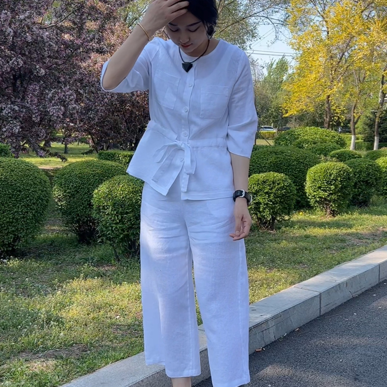 616款洋气时尚亚麻套装女夏复古短袖衬衫宽松休闲八分裤两件套