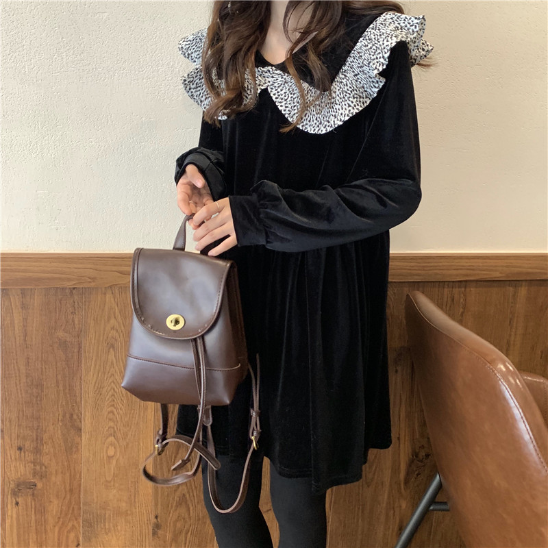 Real shot and real price without reducing loose leopard print flounce stitching doll Lapel velvet long sleeve dress