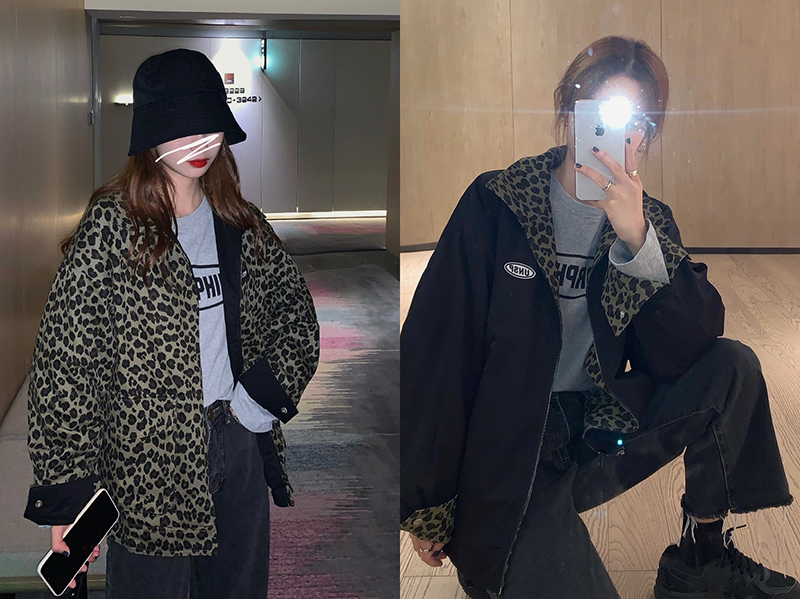 Leopard print on both sides coat loose and versatile small crowd design lapel jacket