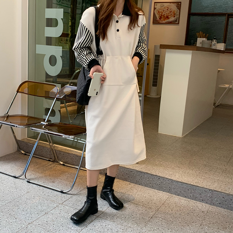 Real price fake two piece splicing design long sleeve dress women's loose skirt covering flesh and showing thin