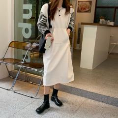 Real price fake two piece splicing design long sleeve dress women's loose skirt covering flesh and showing thin