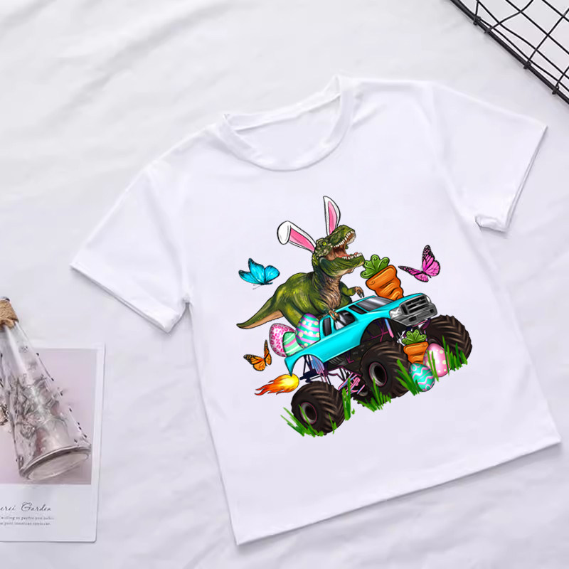 happy easter tshirt复活节卡通印花开车恐龙男女儿童t恤短袖百搭