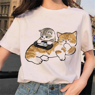 shirt 卡通猫印花女士百搭T恤潮 创意夏季 Cat Animal 新款 Cute