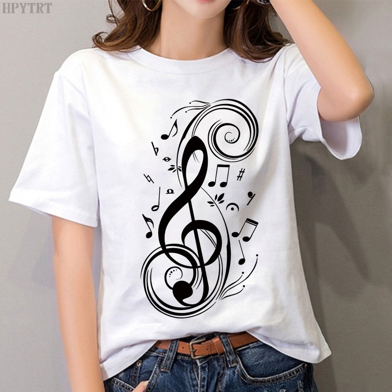music notes design t-shirt创意音符设计印花休闲百搭白色女t恤