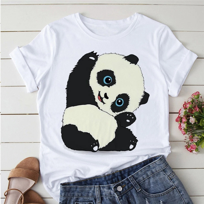 Panda Print T shirt 时尚上衣卡通可爱熊猫印花男女百搭T恤短袖 女装/女士精品 T恤 原图主图