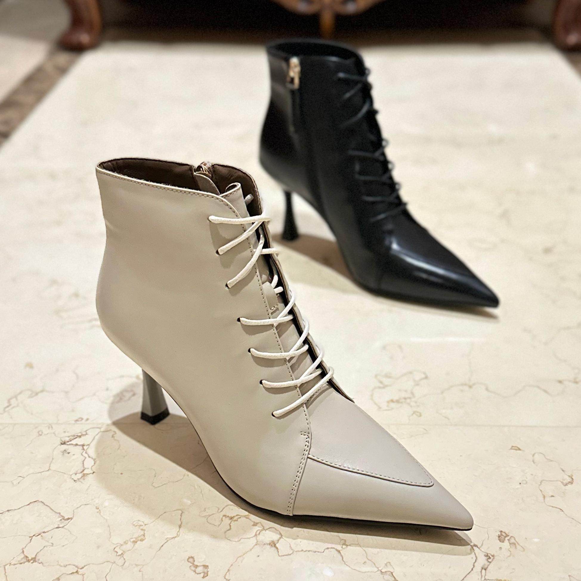 24新秋冬瘦瘦靴细跟尖头胎牛皮