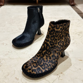 欧美2025冬新款 女鞋 复古马毛真皮圆头细跟防水台加绒百搭高跟短靴