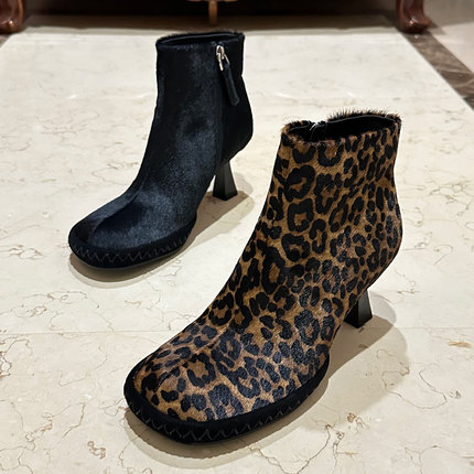 欧美2025冬新款女鞋复古马毛真皮圆头细跟防水台加绒百搭高跟短靴