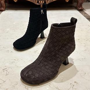 2024秋冬新款女鞋圆头细跟编制真皮时尚百搭裸靴中跟欧货加绒短靴